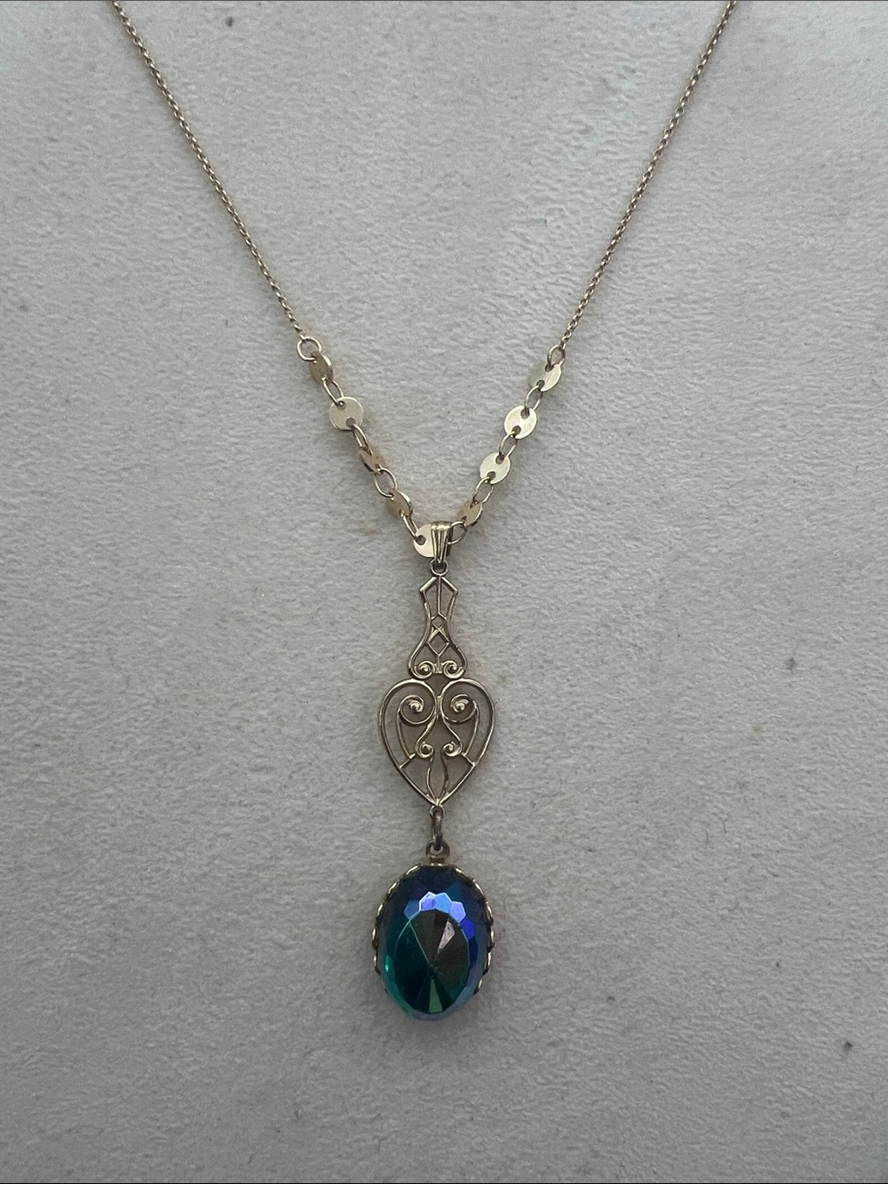 Filigree Silver Necklace with Teal-Blue Crystal Pendant